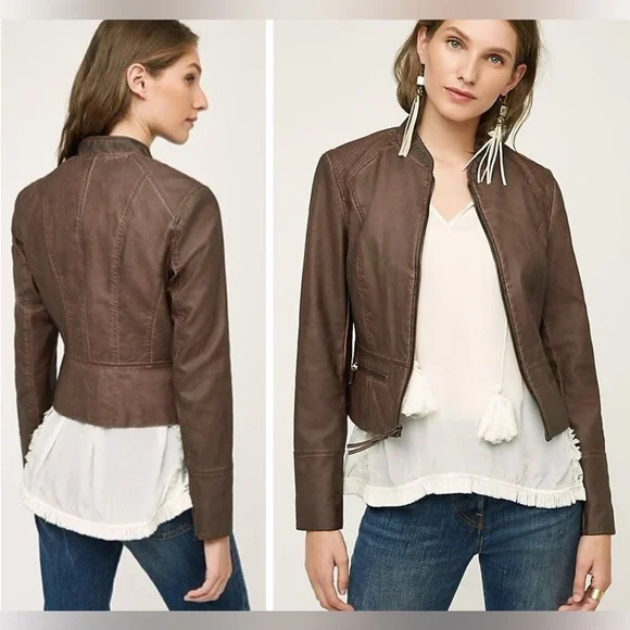 HEI HEI Anthropologie Dara Vegan Leather Moto Jacket Chocolate Brown - Picture 15 of 16